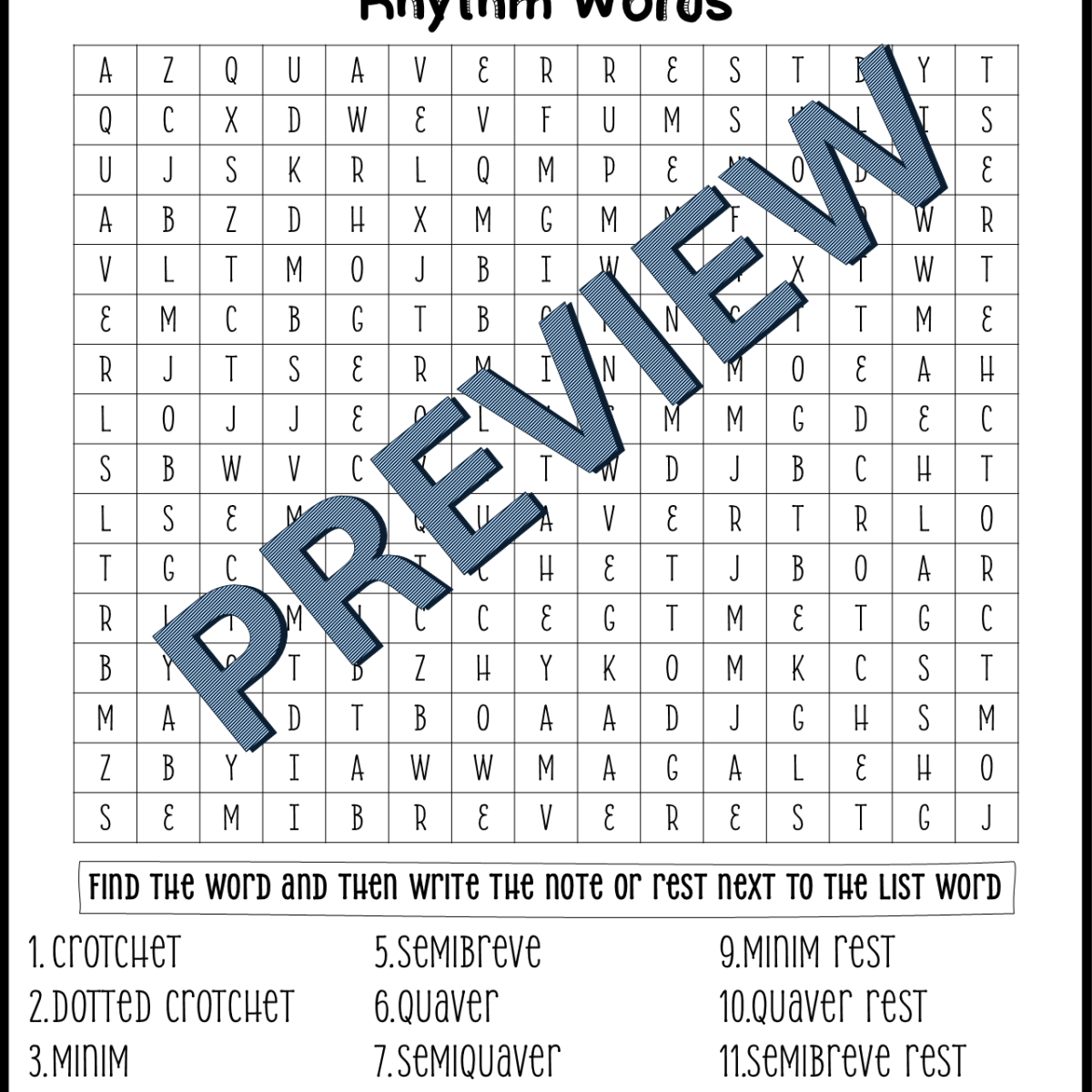 Rhythm Word Find (Crotchet, Minim&nbsp;etc)